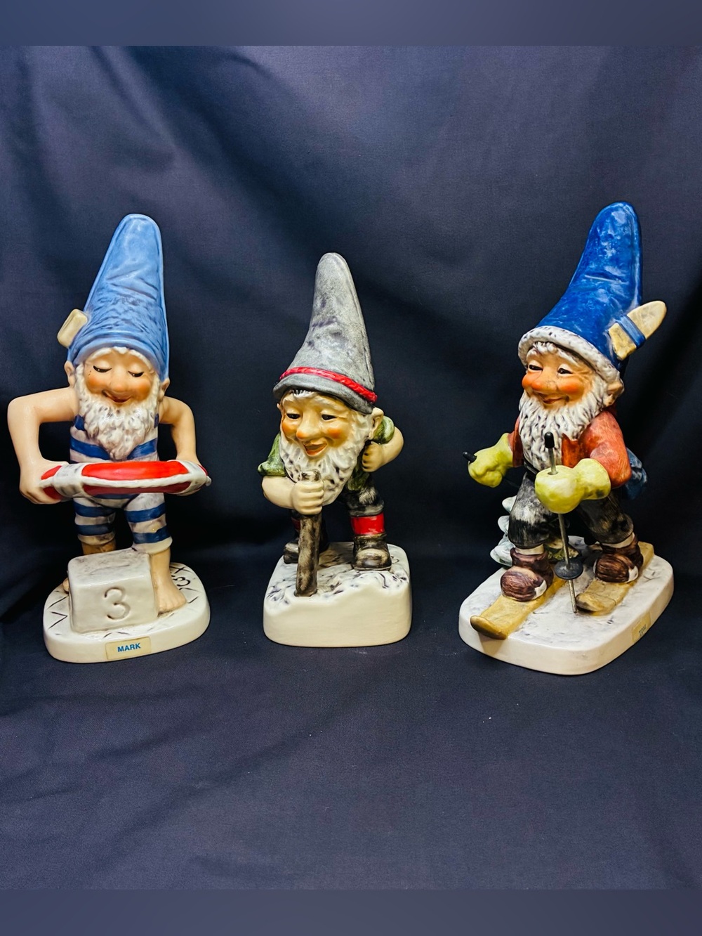 3 Vintage Goebel Co Boy Gnomes - Mark the Swimmer, Toni the Skier, Climber Monty